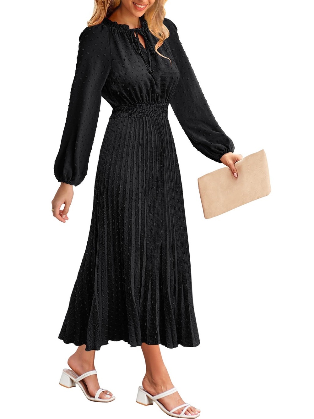 Merokeety Black Pleated A-Line Maxi Dress with Swiss Dot Detailing Whimsigoth